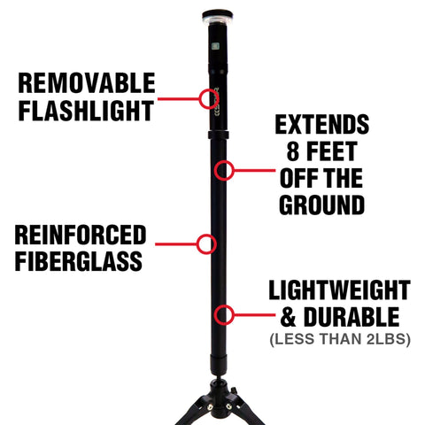 Beast Bright Telescoping Area Light With 8 Foot Extension And Removable Flashlight displaying features and construction materials.