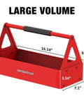 Red Portable Metal Tool Box Tote Tray For Mechanics And DIY Pros On The Go Durable Versatile Storage Organizer That Fits Wrenches Sockets Pliers And Electrician Gear, 16.14 x 7.1 x 3.54 in