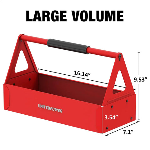 Red Portable Metal Tool Box Tote Tray For Mechanics And DIY Pros On The Go Durable Versatile Storage Organizer That Fits Wrenches Sockets Pliers And Electrician Gear, 16.14 x 7.1 x 3.54 in