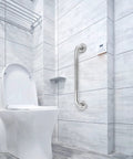 Bathroom with 2 Pack 16 Inch Stainless Steel Bathroom Grab Bars With Anti Slip Grip, Heavy Duty 500 Lb Load Capacity next to toilet.