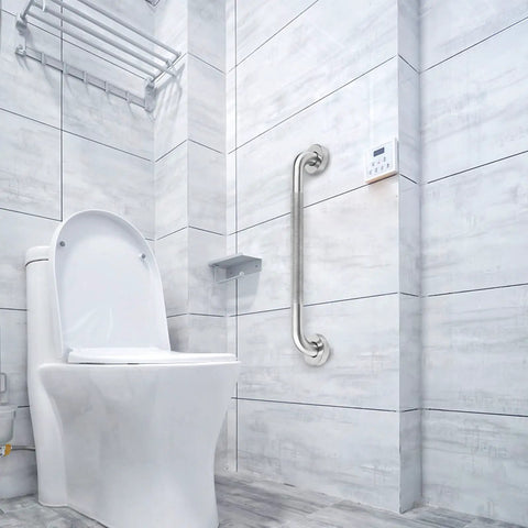 Bathroom with 2 Pack 16 Inch Stainless Steel Bathroom Grab Bars With Anti Slip Grip, Heavy Duty 500 Lb Load Capacity next to toilet.