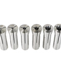 Round Collet Set Six Piece Kit For CNC Engraving And Milling Lathe Tooling, showing six silver collets in various sizes.
