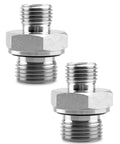 Two hard-steel hydraulic hose adapters (14H–18ED) with hex nut, male-threaded ends for metric and British pipe fittings.