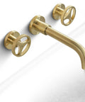 Brushed Gold Wall Mount Bathroom Faucet With Vintage Widespread Design, Dual Round Handles, Vessel Sink Ready, And 360 Degree Swivel Spout