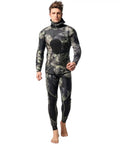 Man wearing Mens Camo Spearfishing Wetsuit 3mm and 1.5mm Neoprene Two Piece Hooded Long Sleeve Dive Set With Chest And Knee Pads