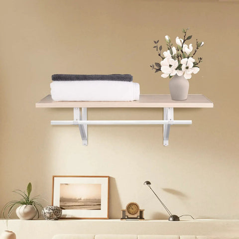 Built Tough Closet Rod Brackets And Shelf Supports 10 Pack Heavy Duty Steel Mounts With Sleek White Finish No Fuss Setup For Hanging Clothes And Gear Rock Solid Storage Solution That Really Delivers, shelf with towels and a vase.