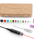 Red BoreSight Kit For Calibers From 0.17 To 12 Gauge Rifle And Handgun Red Dot Boresight With 12 Adapters displayed with case