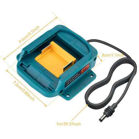 Rugged Heavy Duty Charging Station Power Cord With Inline Voltage Guard Compact Portable Battery Adapter For BL1830 BL1860 BL1850 BL1840, showing dimensions.