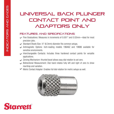 Universal Back Plunger Dial Indicator With Contact Point And Adapters For 196M Series Made Of Tool Steel, close-up view