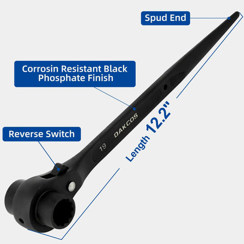 Ratcheting Podger Scaffold Spud Wrench With Double Ended Sockets 19mm And 22mm 12 Point 3/4 Inch And 7/8 Inch CrV Steel Black Finish