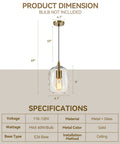 Pendant Lights Kitchen Island, Hand-Blown Clear Glass Brass Gold 9 Inch H with dimensions and specifications shown.
