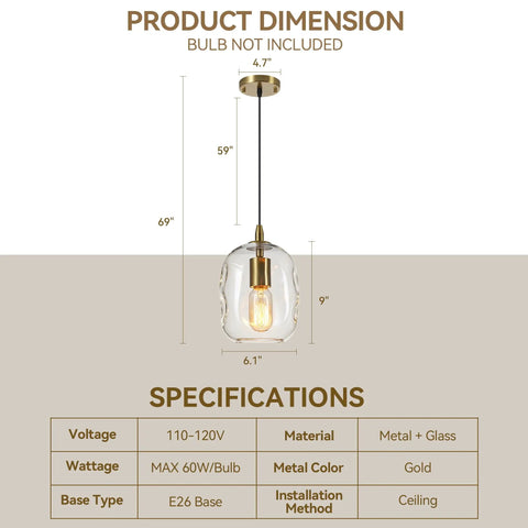 Pendant Lights Kitchen Island, Hand-Blown Clear Glass Brass Gold 9 Inch H with dimensions and specifications shown.