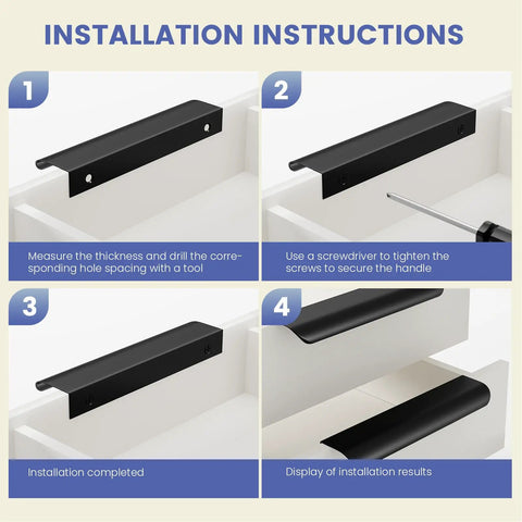 Installation instructions for Black 25 Pack 5 Inch Hole Center Cabinet Handles and 6 Inch Edge Pulls, showing step-by-step process.