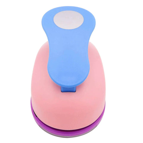 Heavy Duty 3 Inch Circle Punch With Spring Action Lever, random color, central view of pink and blue design.