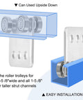 Diagram of Four Bearing Trolley Assembly Set for Garage Hoist System with four wheel rollers and strut channel installation.