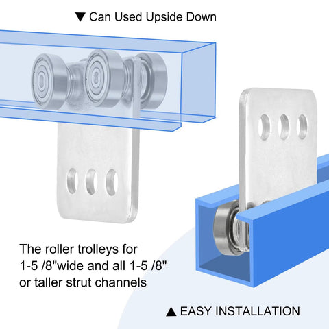 Diagram of Four Bearing Trolley Assembly Set for Garage Hoist System with four wheel rollers and strut channel installation.