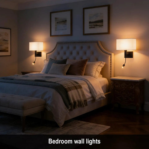 Hardwired Black Wall Sconce With USB Port And Reading Lamp with linen shade beside bed in dim bedroom lighting.