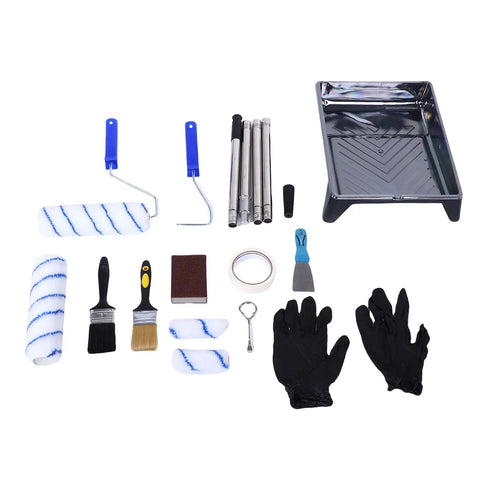 Ultimate Paint Roller Kit With Telescopic Extension Pole For Ladder Free Magic High Ceiling Covering complete toolkit on white background.