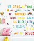 Colorful Inspirational Quote Wall Decal Set For Classroom And Nursery with motivational phrases and watercolor patterns on a wall.
