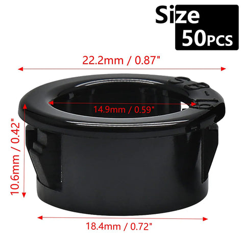 50 Count Black Nylon Snap In Cable Bushing Grommet Protectors For Nine Sixteenths Inch Cables With Three Quarters Inch Mounting Diameter