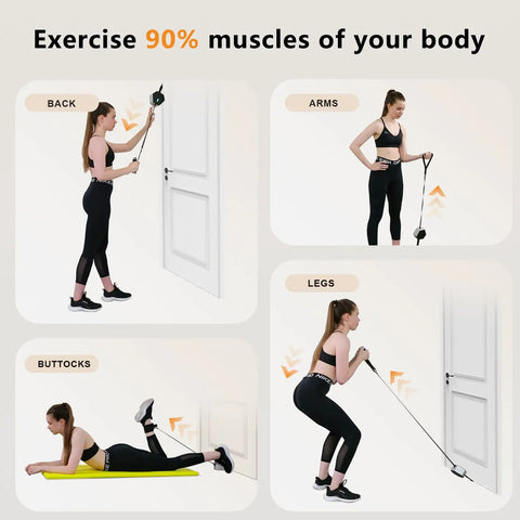 Portable Cable Strength Trainer With Three Resistance Modes And Fan Cooled Power Pump For Home Or Travel Workouts in action targeting back, arms, legs, and buttocks.
