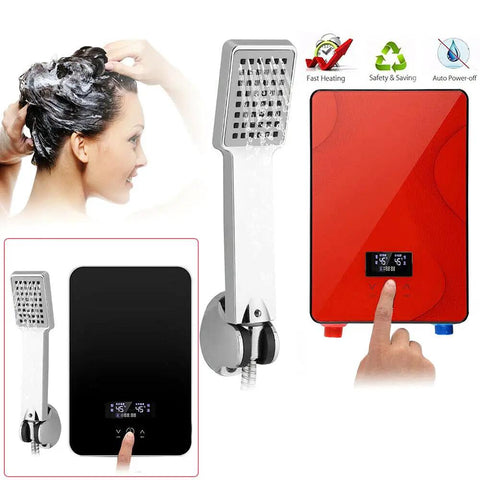 Woman washing hair with Tankless Water Heater On Demand 6500W 220V Instant Hot Water for Bath and Shower, Wall Mount, Digital Touch Control