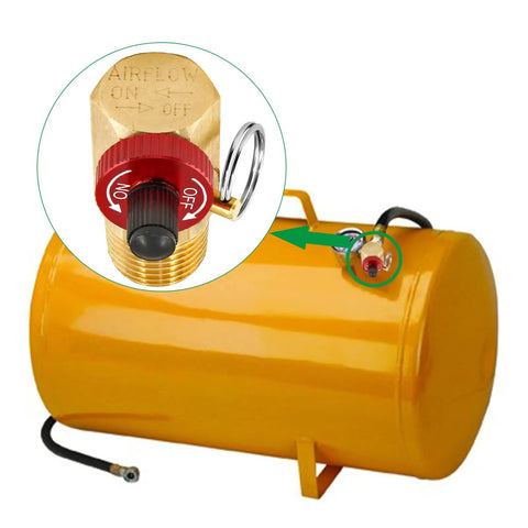 Air Tank Replacement Manifold For Portable Air Compressor, brass body, aluminum knob, yellow tank, shut off valve detail