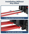 96-inch forklift pallet extensions (red, 5.3-in wide) mounted on forklift forks showing installation steps