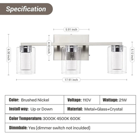 3 Light Brushed Nickel Vanity Light Over Mirror With Crystal Bubble Glass LED Dimmable Wall Sconce With dimensions