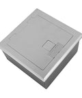 Heavy Duty Pop Up Floor Power Outlet Featuring Double Three Prong Sockets And Brushed Silver Stainless Steel Housing, top view.