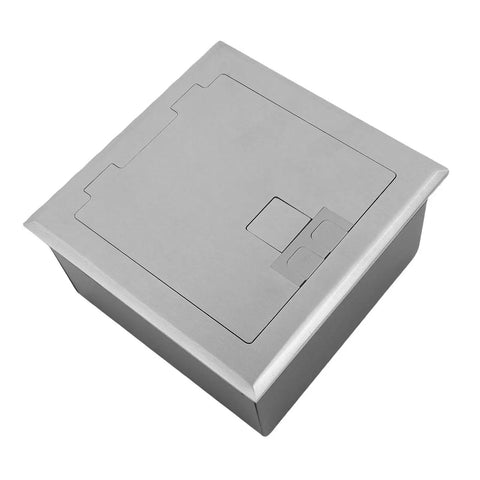 Heavy Duty Pop Up Floor Power Outlet Featuring Double Three Prong Sockets And Brushed Silver Stainless Steel Housing, top view.