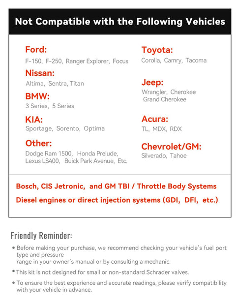 Front view of AUTOWN fuel pressure tester kit packaging showing not compatible vehicles chart.