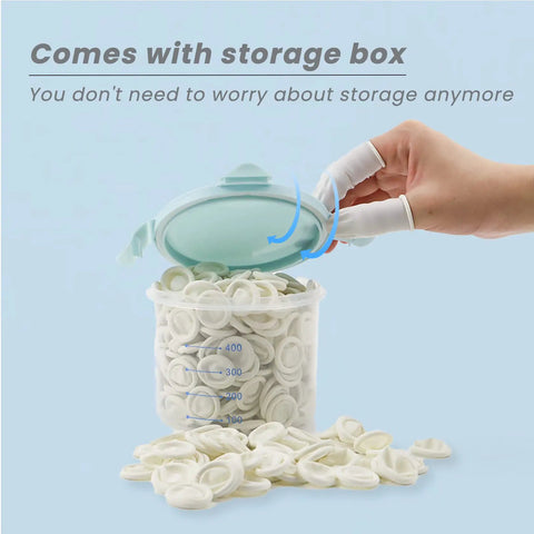 Bulk Latex Finger Cots 300 Pcs Per Case Medium Size Rubber Finger Tips Sleeves, hand using cots near storage box