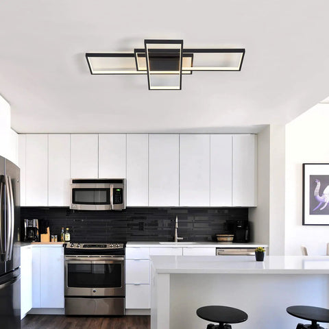 Black Modern Square LED Ceiling Light With Remote Dimmable 60W in a contemporary kitchen setting, highlighting sleek design.