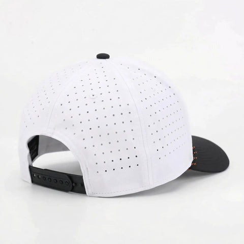 Back view of Tiger Golf Hat Dope Adjustable Rope Cap For Men with black strap and perforated design in white fabric.