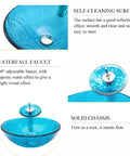 USZWBY Bathroom Vessel Sink,Tempered Glass Vessel Sink Sky Blue Round Basin Washing Bowl Set with Faucet Pop-Up Drain and Water Pipe, Countertop Installation with waterfall faucet and self-cleaning surface.