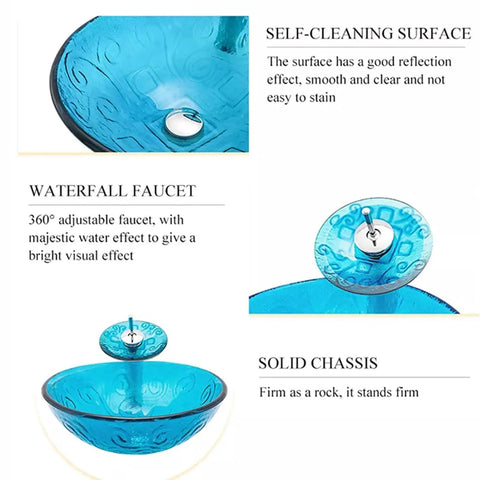 USZWBY Bathroom Vessel Sink,Tempered Glass Vessel Sink Sky Blue Round Basin Washing Bowl Set with Faucet Pop-Up Drain and Water Pipe, Countertop Installation with waterfall faucet and self-cleaning surface.
