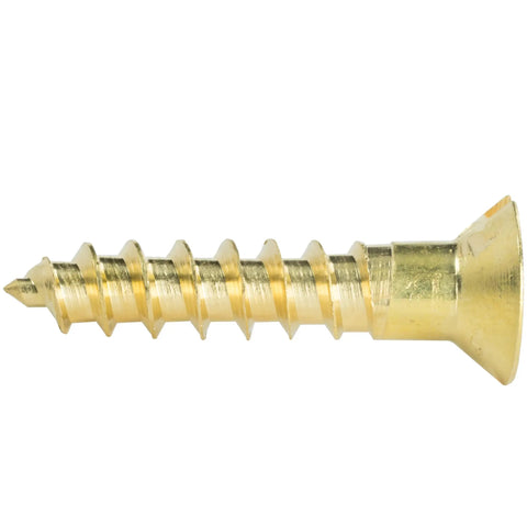 Top Shelf Solid Brass Flat Head Wood Screw #5 X 1/2 Inch, revealing its slotted drive and heavy duty design for cabinetry projects.
