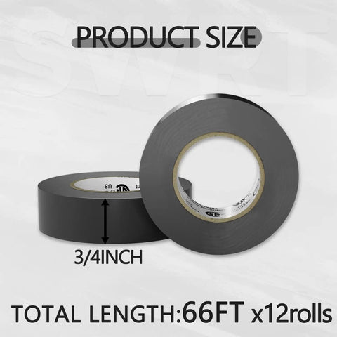 12 Pack UL CSA Black Electrical Tape 0.75 Inch by 66 Feet Flame Retardant Insulation Tape for Wiring and Electrical Safety Pro Grade Adhesive North American Certification Heavy Duty and Dependable, 3/4 in roll