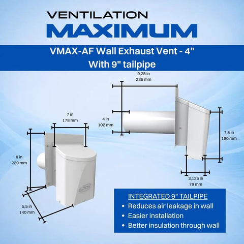Diagram of VMAX-AF Wall Exhaust Vent 4 inch with 9 inch tailpipe dimensions for ventilation.
