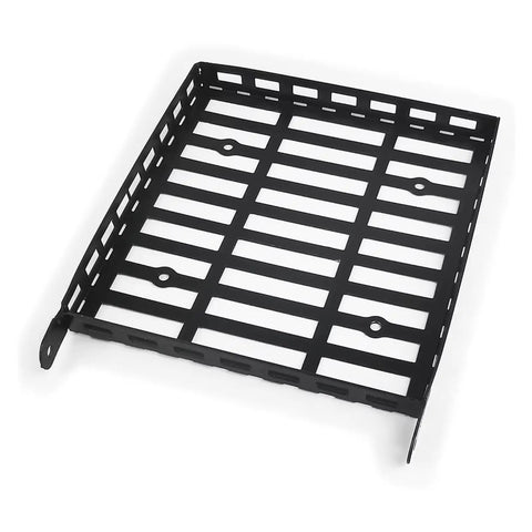 Hella Sick Metal Roof Rack And Luggage Carrier Fits 1 24 Scale RC Crawlers Compatible With Axial Scx24 Gladiator Off Road Truck Upgrade Gear And Spare Parts, black steel rack close-up.