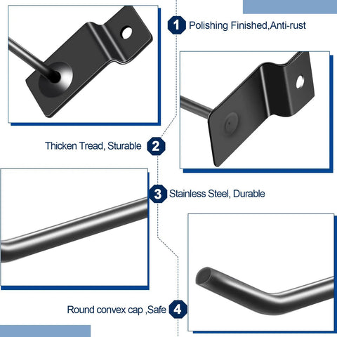 Close-up of black 100 Pack Slatwall Hooks For Slat Wall Panels Heavy Duty Metal Hangers, showing features like anti-rust and thickness.