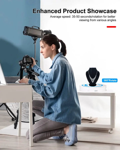 12 Inch Motorized Rotating Turntable Display Stand With 360 Degree Spin For Product Photography showcasing jewelry on a smooth electric platform.