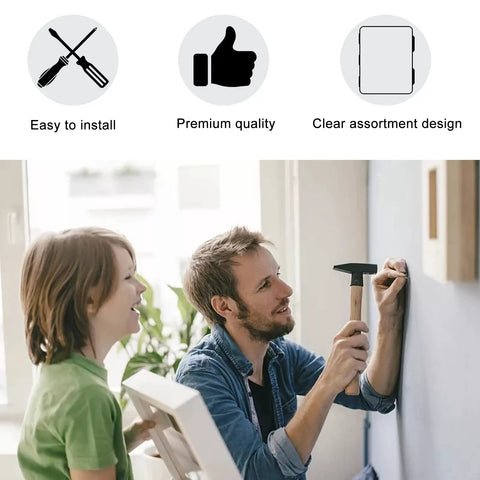 Man using hammer on wall, child holding frame; Heavy Duty Self Drilling Drywall Anchors Kit With Screws Size Eight One And One Quarter Inch 100