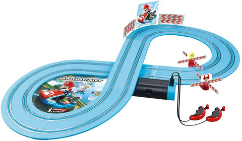 Blue Mario Kart Themed Slot Car Race Track With Spinner Action Includes Two Cars Mario And Yoshi Displayed