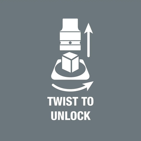 Illustration showing twist to unlock function for 8 Piece In Hex Plus Bit Socket Set On Durable Textile Belt With Holding Function