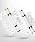 Smooth As Butter Four Inch Stainless Steel Furniture Hinges Quiet Sound Absorbing Mini Door Fittings For Wooden Cabinets And Pantry Doors White Set Of Two showing matte white and gold accents.