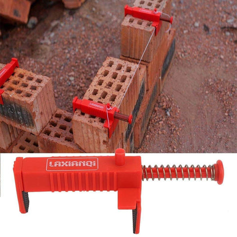 Two Piece Brick Line Puller Set With Leveling Wire Drawer Tool in use on red bricks for precise alignment in masonry work.