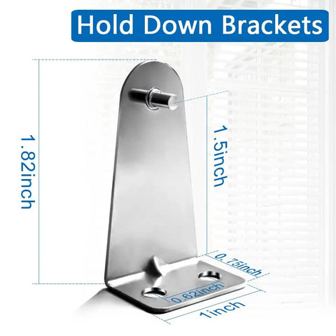 Heavy Duty Metal Blinds Hold Down Brackets Silver Door Bottom Clip Kit With Screws Fits Horizontal Window Shades displayed with dimensions.