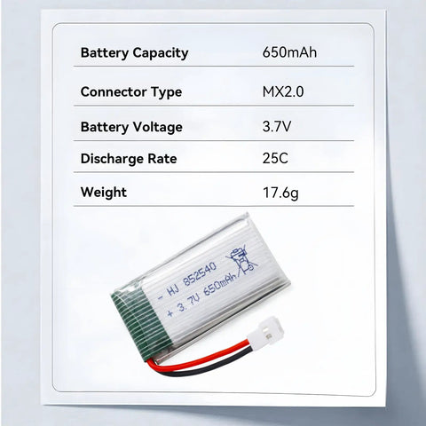 Close-up of 3.7V Drone Lipo Battery Pack 650mAh Rechargeable Two Pack For SYMA X5 Series Drones And WLtoys V252.